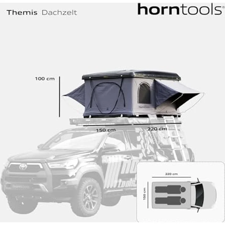 Horntools Themis PopUp Dachzelt, 220 x 150 x 30 cm, Schwarz/Grau, wasserdichtes Hartschalenzelt für 2 Personen mit 3-minütigem Aufbau und 7 cm dicker Matratze – Bild 3