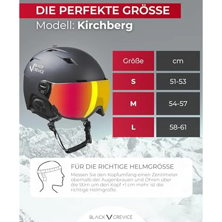 BLACK CREVICE Skihelm Kirchberg, schwarz/Silber mit Visier, M (54-57cm), optimierte Anpassung, atmungsaktiv und sicher nach CE EN 1077 – Bild 5