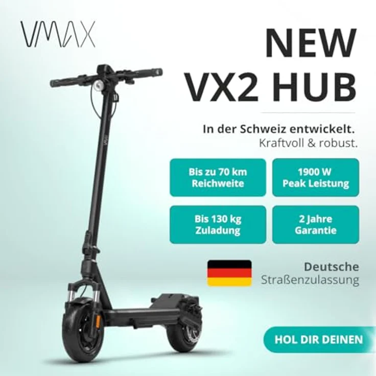VMAX E-Scooter New VX2 Hub, E-Roller mit 70 km Reichweite, 20 km/h, 130 kg Tragkraft, vollgefedert, 500 W Leistung, mit Straßenzulassung – Bild 2