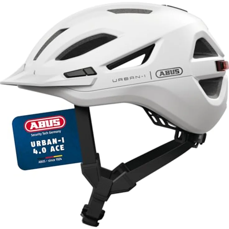 ABUS Stadthelm Urban-I 4.0 ACE, Fahrradhelm mit aufladbarem Rücklicht, 4 Leuchtmodi, Schirm, Zopf-Öffnung, magnetischem Verschluss, Größe S, weiß – Bild 1