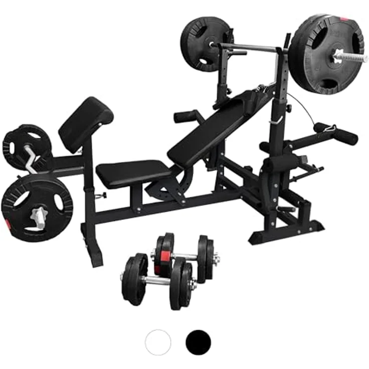 GORILLA SPORTS® Hantelbank - inkl. 100kg Hantelset, Ablage, Dip-Station, Curlpult, Beincurler, Butterfly, Latzug, Verstellbar, Schwarz/Weiß - Multifunktion Trainingsbank mit Gewichten, Kraftstation – Bild 2