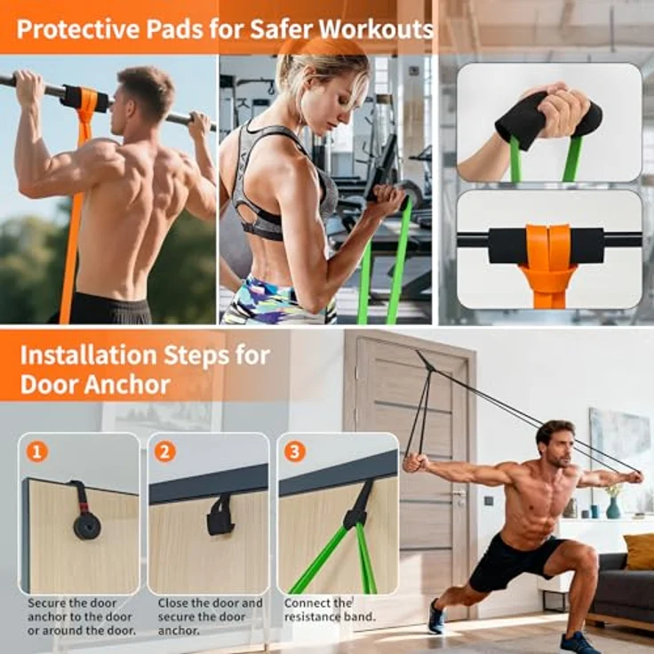 Fokky Widerstandsbänder Resistance Bands Set, 4 Stufen mit Türanker & Schutzpads, Gymnastikband für Muskelaufbau und Krafttraining, schwarz-lila-grün-orange – Bild 5