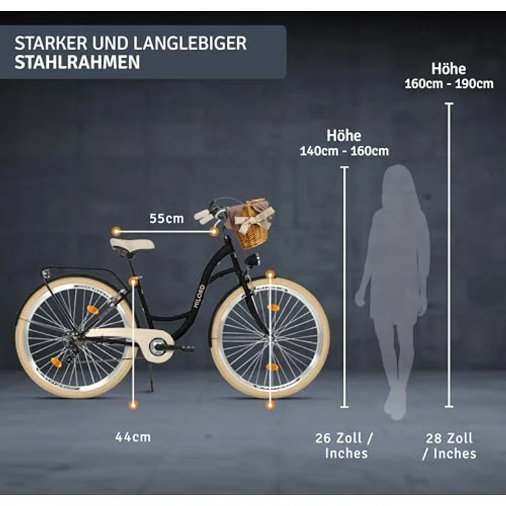 Milordbikes City-Fahrrad, Schwarz und Creme, 46 cm, Aluminiumfelgen, 700C x 35 mm City-Reifen, Freizeitrad mit hinterem Träger – Bild 3