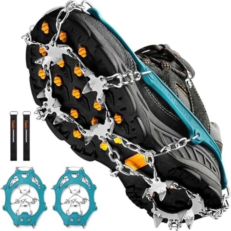 Cimkiz Grödel Steigeisen für Bergschuhe, 19 Zähne Edelstahl Anti-Rutsch Schuhspikes, Teal, Größe L für Wandern, Trail Running und Trekking – Bild 1