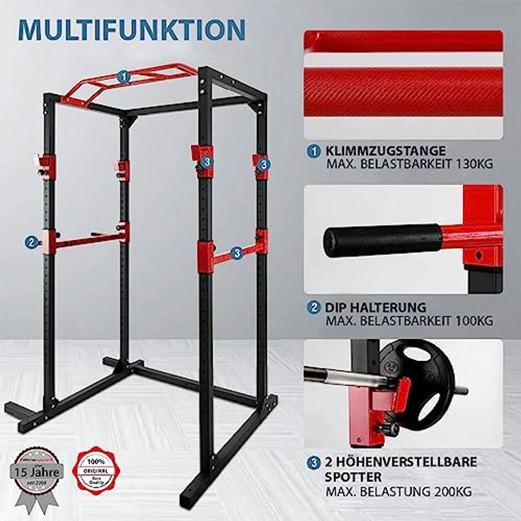 Ultrasport Power Rack Basic, fitness-rack aus Stahl gemacht, Kraftstation mit 4 J-Haken für Langhanteltraining, Klimmzugstange, Dip-Haltern, Ganzkörpertraining für Anfänger bis Fachmann, Schwarz/Rot – Bild 3