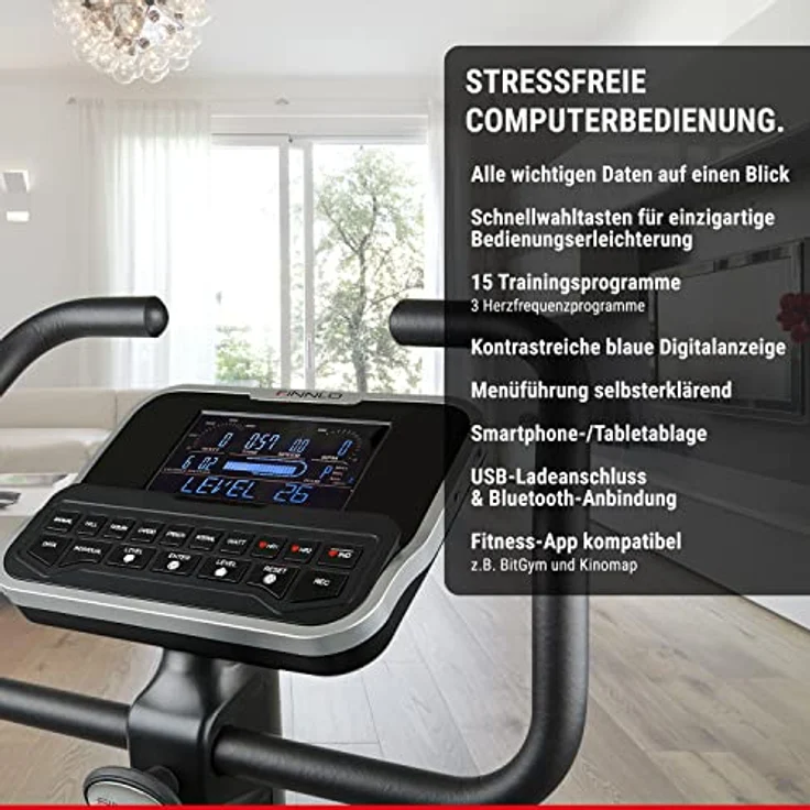 HAMMER Finnlo Ergometer Heimtrainer Exum XTR BT, Qualitäts-Ergometer mit 15 Trainingsprogrammen, Induktionsbremssystem, Bluetooth und App-Steuerung, 150 kg Gewichtsbelastung, 102 x 55 x 125 cm – Bild 3