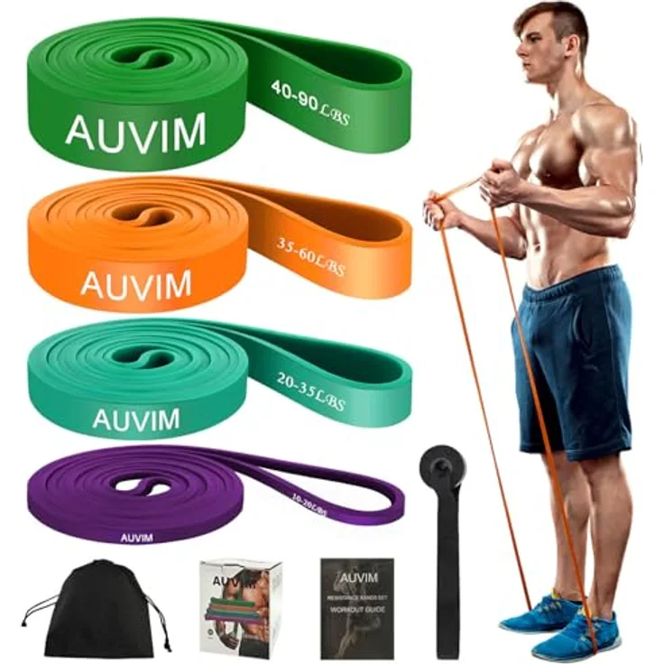 AUVIM Widerstandsbänder Set, 4 Stufen Übungsbänder für Klimmzug-Hilfsübungen, inklusive Türanker und Aufbewahrungstasche, Lila, Hellblau, Orange, Grün