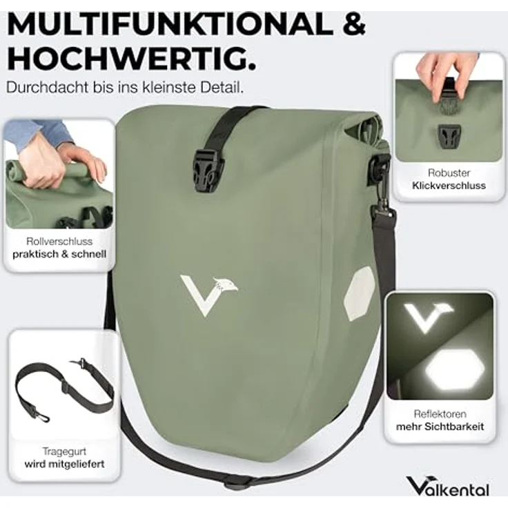 Valkental Gepäckträgertasche ValkBasic, wasserdicht, 28L Füllvolumen, Natur Grün mit Reflektoren – Bild 4