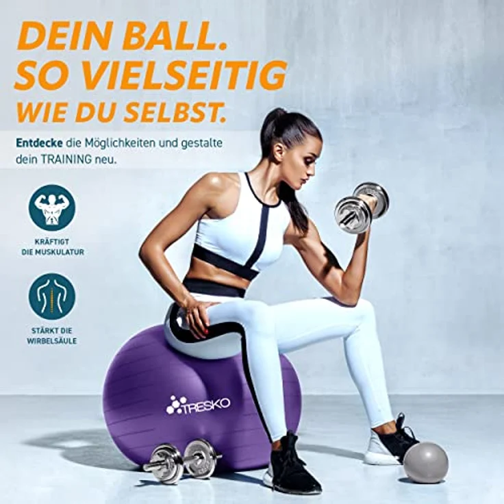 TRESKO Gymnastikball mit GRATIS Übungsposter inkl. Luftpumpe - Yogaball BPA-Frei | Sitzball Büro | Anti-Burst | 300 kg,Lila,85cm (für Körpergröße über 185cm) – Bild 2