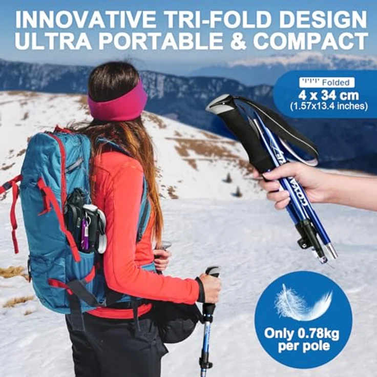 COVACURE Faltbare Wanderstöcke, Teleskop Nordic Walking Stöcke 110-130 cm verstellbar, leicht mit Gummipuffer für Damen und Herren (Blau) – Bild 3