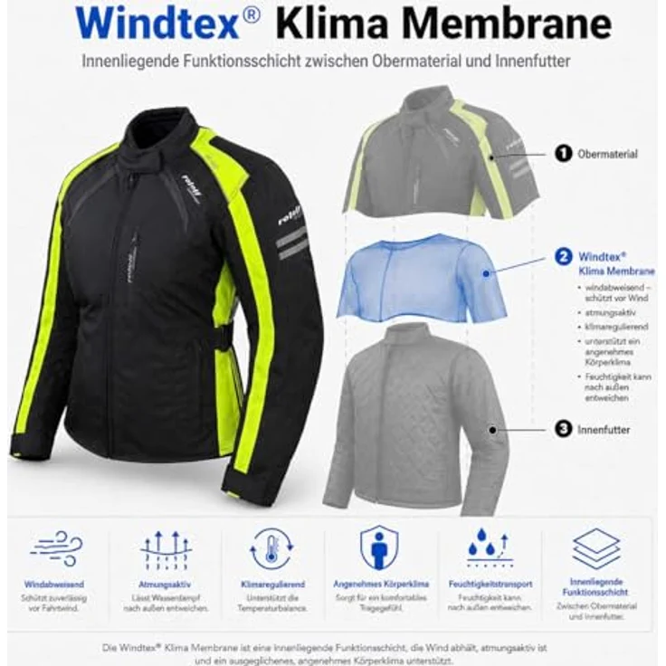Roleff RO981 Damen Motorradjacke, schwarz-neongelb, wasserdicht, atmungsaktiv mit Protektoren, Größe L – Bild 7