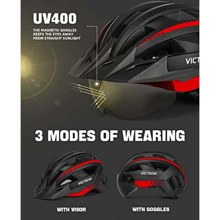 Victgoal VICTGOAL Fahrradhelm MTB für Herren und Damen, Schwarz Rot, mit abnehmbarer magnetischer Schutzbrille, atmungsaktiv, 21 Belüftungskanäle, verstellbare Größe (L: 57-61 cm) – Bild 2