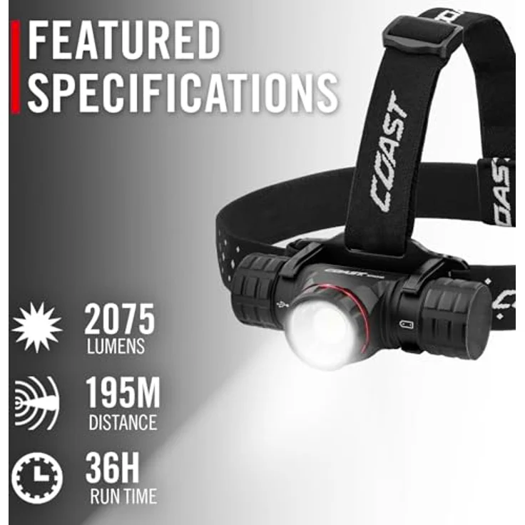 Coast XPH34R, 2075 Lumen wiederaufladbare Dual Power LED Stirnlampe mit Magnetfuß, staub- und sturmfest, Schwarz – Bild 2