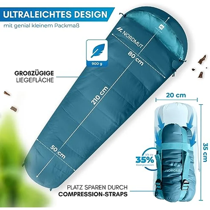 NORDMUT® Schlafsack Ultraleicht, Mumienschlafsack 100 GSM Sommer und 300 GSM 4-Jahreszeiten, wasserfest, 900g, mit Kompressionsbeutel, Graublau – Bild 5