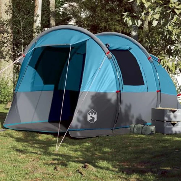 vidaXL Tunnelzelt 4 Personen, wasserdichtes Familienzelt mit E-Anschluss und Netzwänden, blau, 185T Polyester – Bild 2