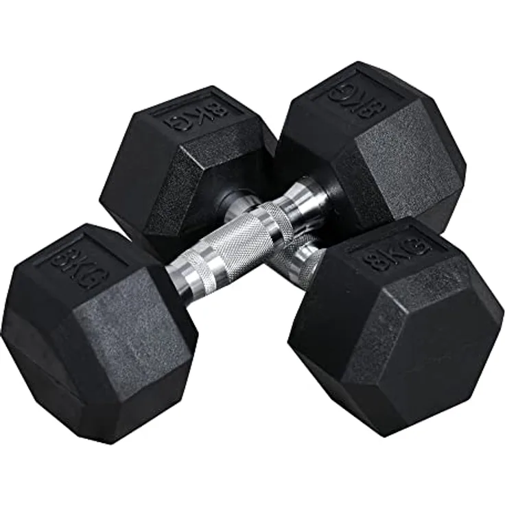 HOMCOM Hexagon Kurzhanteln 2er Set Gusseisen Hanteln Griff gerändelt Hantel Set Kurzhantelset Gewichte Metall Gummi schwarz 2 x 8 KG