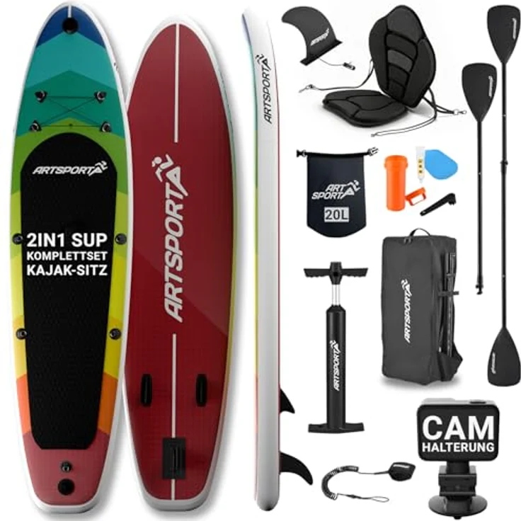 ARTSPORT® Stand Up Paddling Board Set Retro Love, aufblasbar 320 cm, inkl. Kajaksitz, Action-Cam Halterung & Zubehör, Tragkraft 150 kg – Bild 1