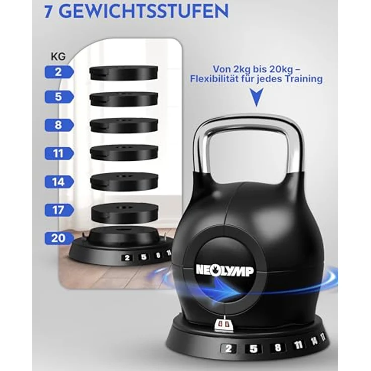 NEOLYMP 7-in-1 Kettlebell Set 1,5-20 kg, verstellbare Kugelhantel mit robustem Edelstahl-Handgriff und Sicherheitsmechanismus – Bild 4