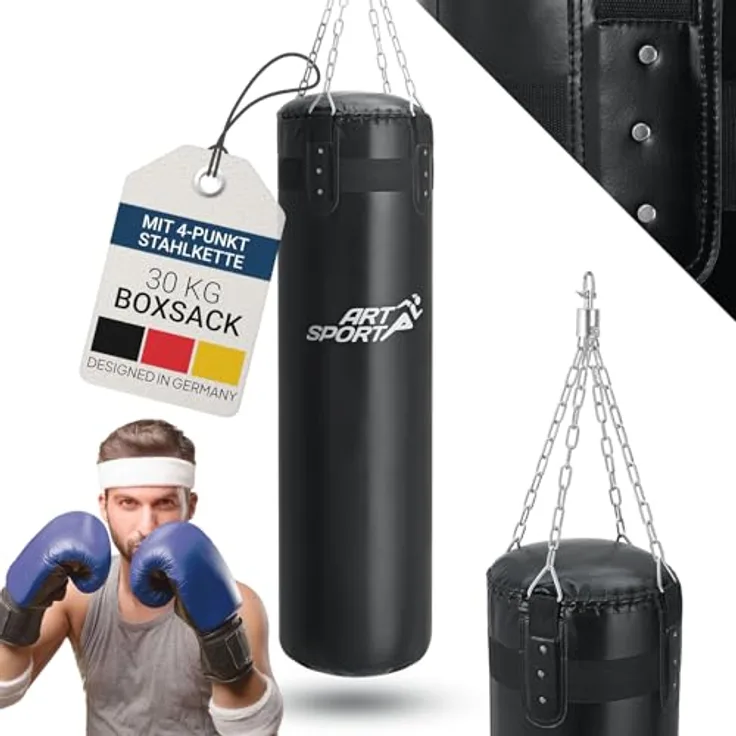 ArtSport® Boxsack Set 30 kg gefüllt, 110 cm hängend mit 4-Punkt-Stahlkette & Drehwirbel für Boxen & Kickboxen, schwarz
