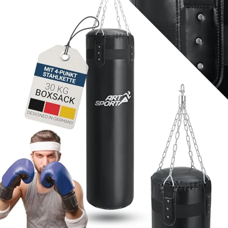 ArtSport® Boxsack Set 30 kg gefüllt, 110 cm hängend mit 4-Punkt-Stahlkette & Drehwirbel für Boxen & Kickboxen, schwarz – Bild 1