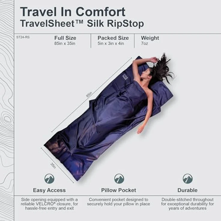 Cocoon TravelSheet, Leichter Schlafsack aus Seide, 220 cm, temperaturausgleichend, seitlicher Klettverschluss, Wärmeleistung +5,3 °C – Bild 3