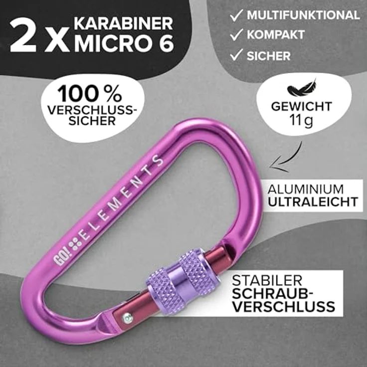 GO!elements Mini Karabiner Micro 6, Multifunktionaler Schraubverschluss-Karabiner im 2er Pack, Farbe: Magic, ultraleicht und salzwasserbeständig – Bild 3
