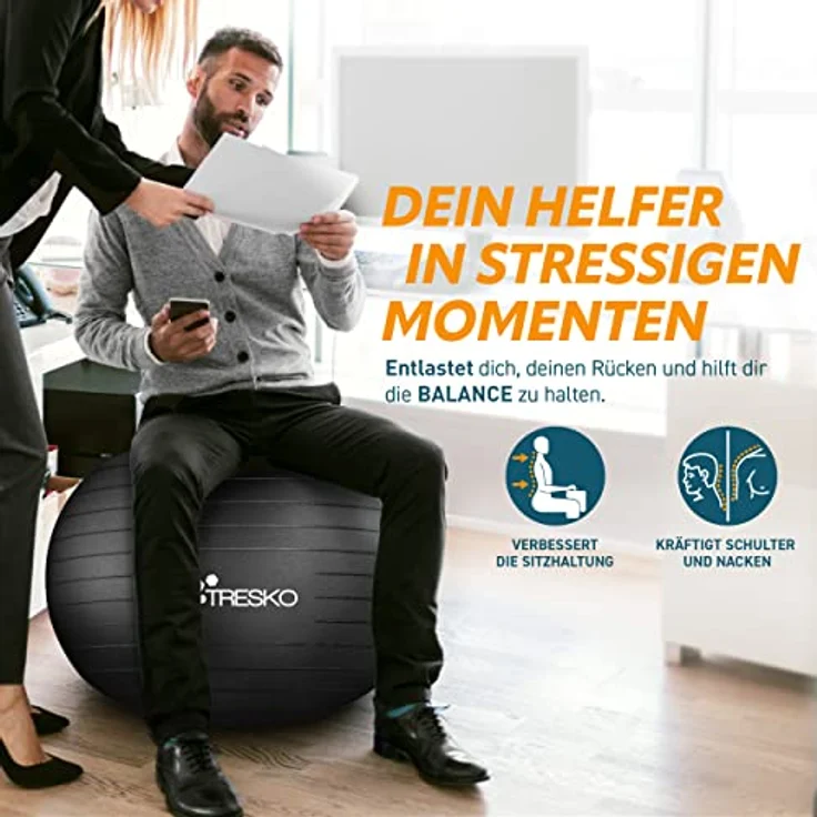TRESKO Gymnastikball mit GRATIS Übungsposter inkl. Luftpumpe - Yogaball BPA-Frei | Sitzball Büro | Anti-Burst | 300 kg,Schwarz,65cm (für Körpergröße 155 - 175cm) – Bild 3