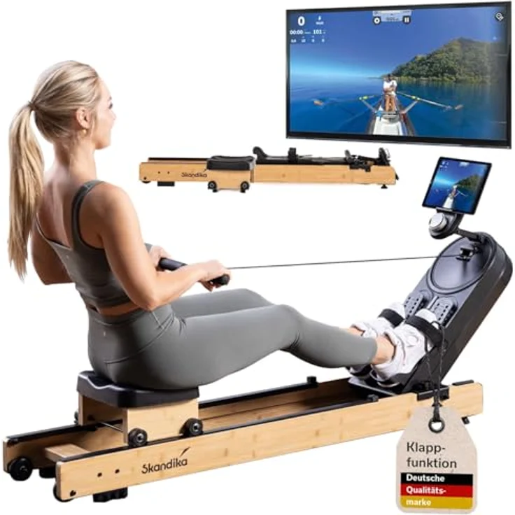 Skandika Rudergerät Rovek, klappbare Rudermaschine aus Holz mit Magnetwiderstand (32 Stufen), Kinomap App kompatibel, für Nutzer bis 195 cm, hellbraun – Bild 1