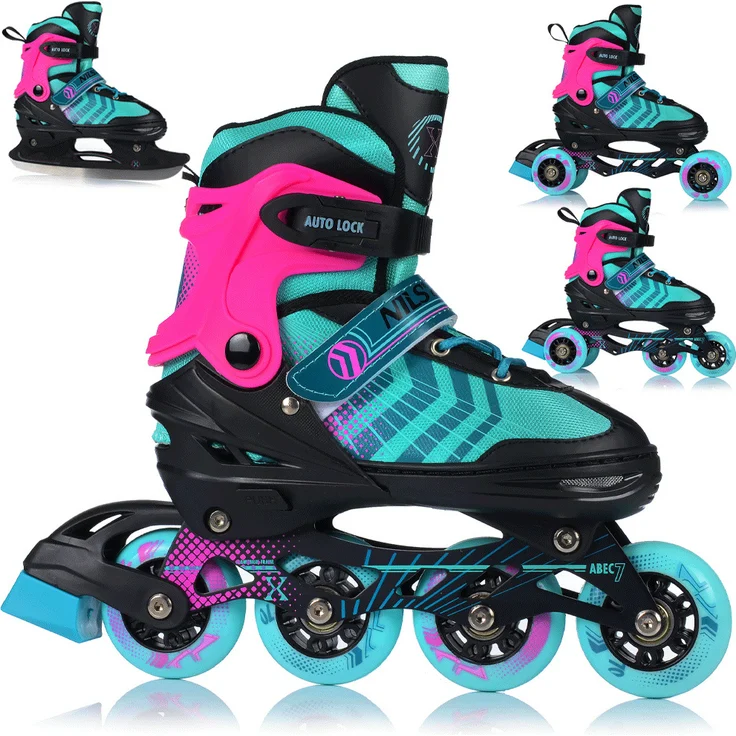 Nils Extreme Nh18192A 4W1 Schwarz/Lila Schlittschuhe Größe M (34-38) mit Hockeyplatte Ersatz