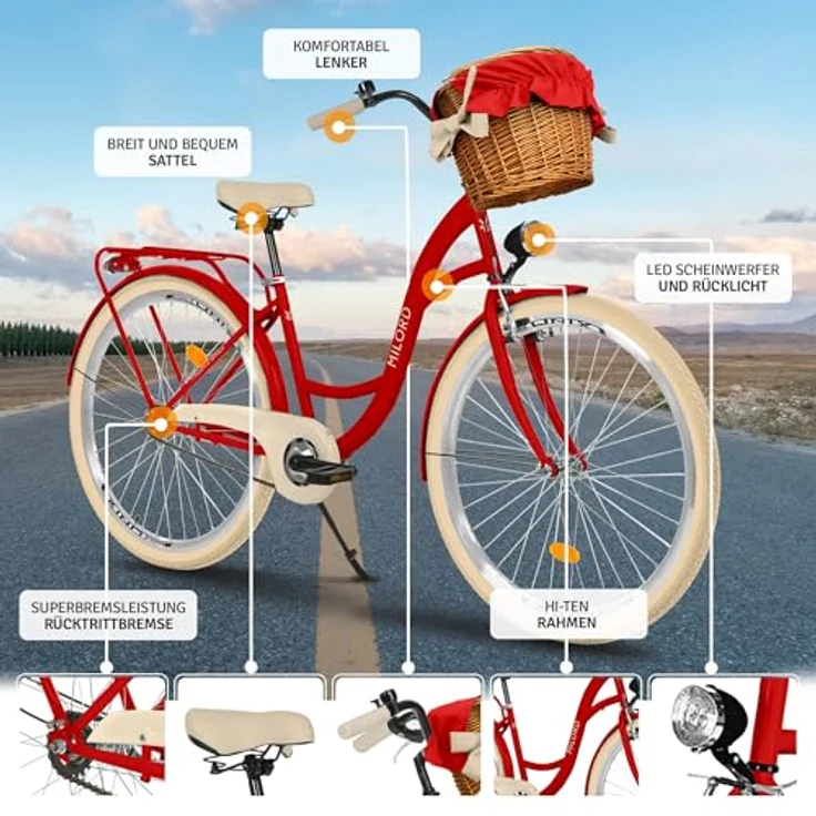 Milordbikes City-Fahrrad 46 cm, rot, Metall, mit Aluminiumfelgen und hinterem Träger für Freizeit und Fitness – Bild 2