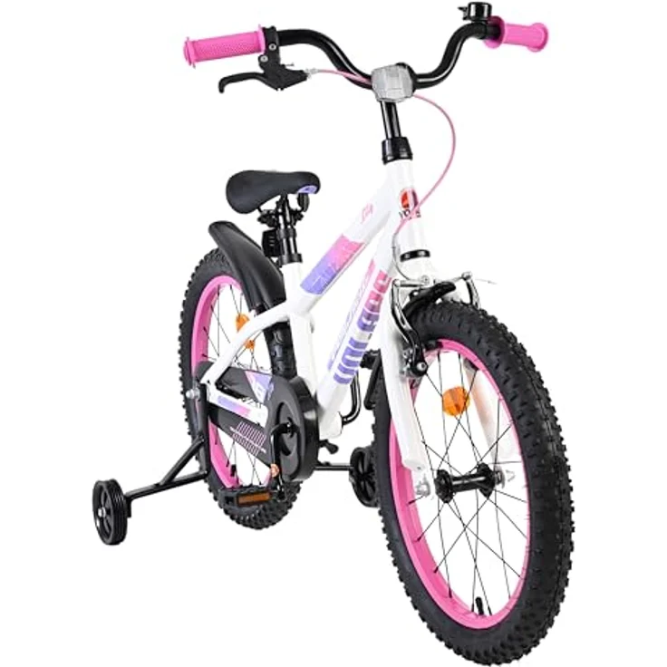 Volare Lily 18, Kinderrad für Kinder ab 4 Jahren, weiß mit lilafarbenen und rosafarbenen Akzenten, höhenverstellbar, Rücktritt- und Handbremse, abnehmbare Stützräder. – Bild 6