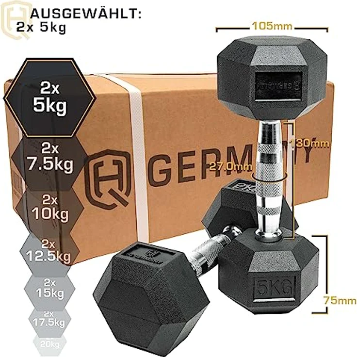HQ Germany® Hexagon Hanteln | 2.5-37.5kg | Starter-Sets | ±1,5% Gewichtstoleranz, Gewicht:2x 05KG – Bild 5