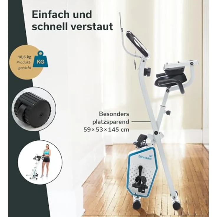 skandika Foldaway X-1000 PLUS Fitnessbike Heimtrainer X-Bike mit Handpuls-Sensoren, Bluetooth Computer, Tablet-Halterung, Rückenlehne (weiß/blau) – Bild 4