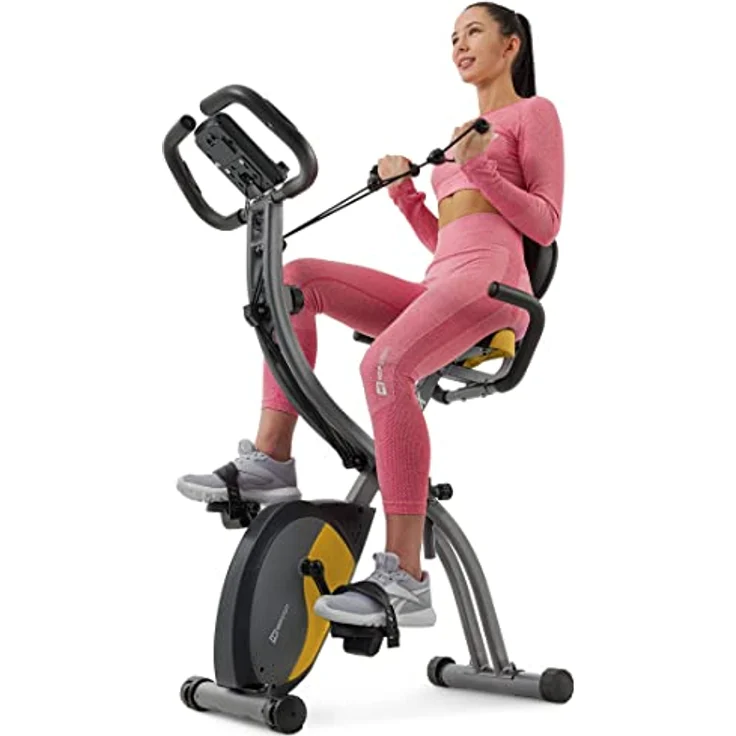 HS HOP-SPORT 3-in-1 Fitness Heimtrainer klappbar HS-3010x Grix - Fitnessfahrrad mit Rückenlehne, Widerstandsbändern, LCD-Display (Grau/Gelb) – Bild 1