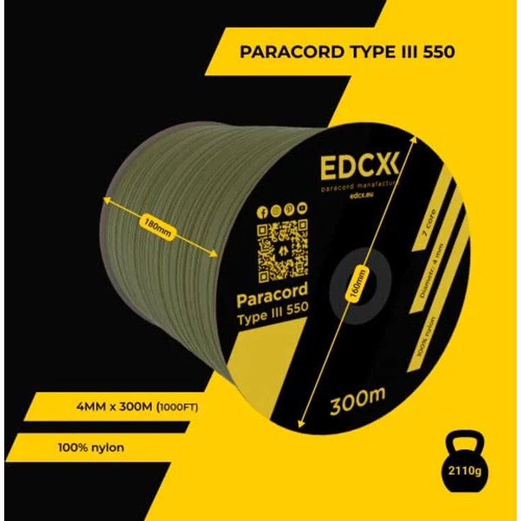EdcX Paracord 550 Typ III, 4 mm Nylonseil in Army Green, 300 m, ideal für Camping und DIY-Projekte – Bild 3