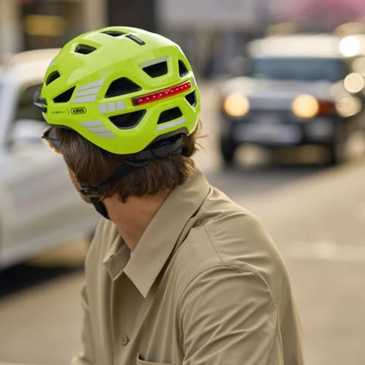 ABUS Urban-I 4.0, Fahrradhelm mit aufladbarem Rücklicht, 2 Leuchtmodi, Zopf-Öffnung, Schirm, Größe M, gelb – Bild 9