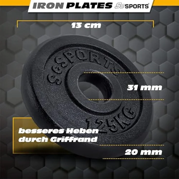 ScSPORTS® Kurzhantel Set - 65 KG (8x5 + 8x2.5 + 4x1.25), Gusseisen, 30mm, Kreuzgeriffelte Griffflächen – Bild 5