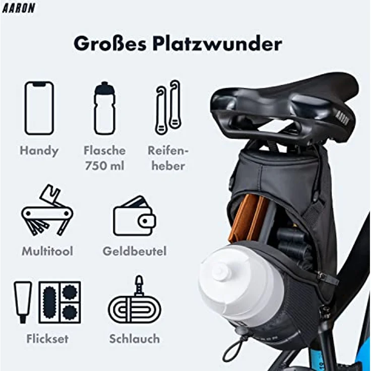 AARON Satteltasche Fahrrad, wasserabweisend mit Flaschenhalter und Reflektor, 1 Liter Volumen – Bild 3