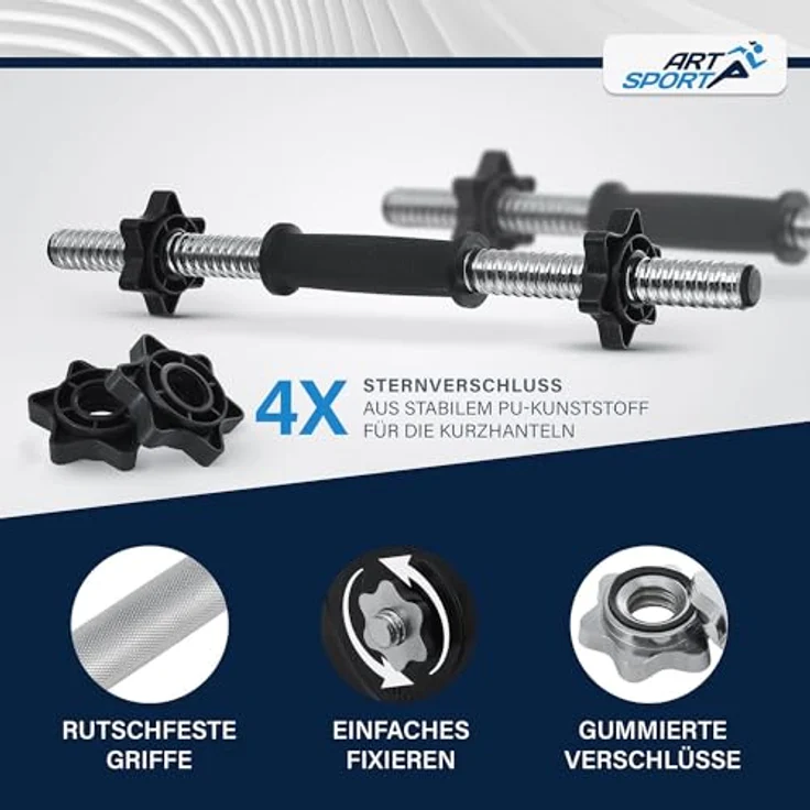 ArtSport 3in1 Hantelset mit 2 Kurzhanteln, 1 Langhantel & 1 SZ Curlhantel - 12 Gewichte mit 60kg und Sternverschlüssen - Hantel Set Krafttraining – Bild 4