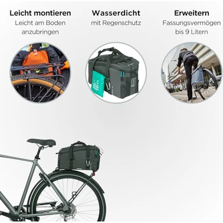 Basil Discovery 365D, Velotasche Gepäckträgertasche, 9 l, schwarz meliert, wasserabweisendes Polyester, inkl. Regenhülle, abnehmbarer Schulterriemen – Bild 2