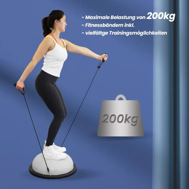 DH FitLife Balance Ball, Yoga Gleichgewichtstrainer Φ60*22cm bis 200 KG belastbar, halber Gymnastikball Fitness Balance Board, Balance-Board mit Pumpe und 2 Fitnessbändern, Grau – Bild 4