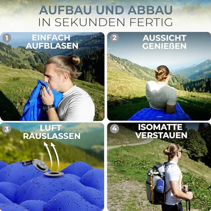 Alpenwert® Isomatte Outdoor, aufblasbare Schlafmatte, ultraleicht mit 531g, ergonomisch, kleines Packmaß 225 x 70 cm, ideal für Camping und Backpacking – Bild 4