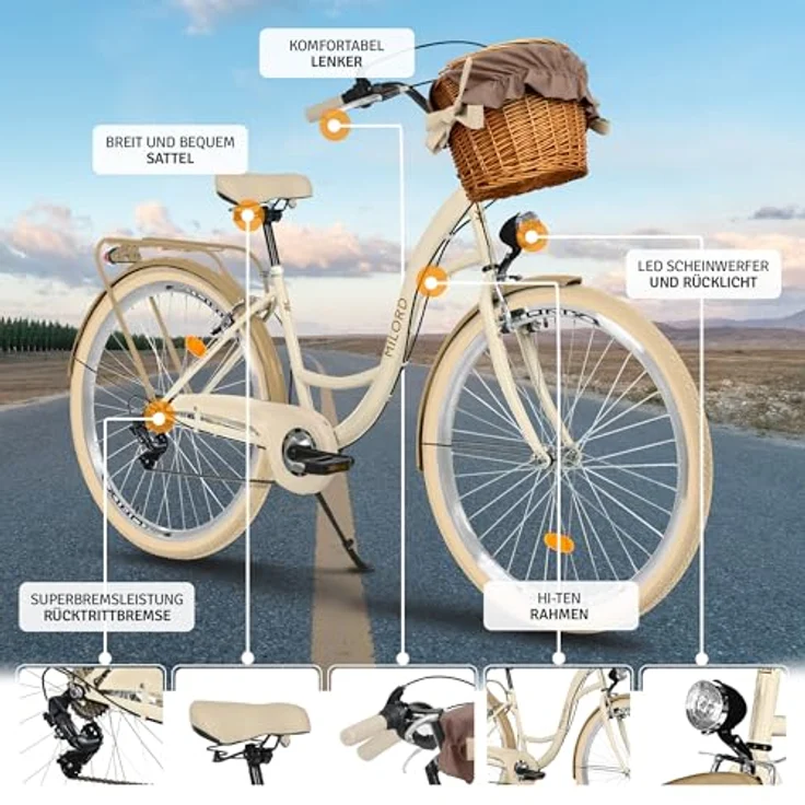 Milordbikes City-Fahrrad, Creme, 46 cm, Metallrahmen, leichtgängige 700C Reifen, inkl. Trägersystem – Bild 2