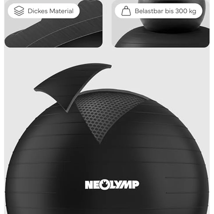 NEOLYMP Gymnastikball, ergonomischer Sitzball für Büro und Training, 300 kg belastbar, rutschfest & Anti Burst, Schwarz, Größe L | 180 cm – Bild 4