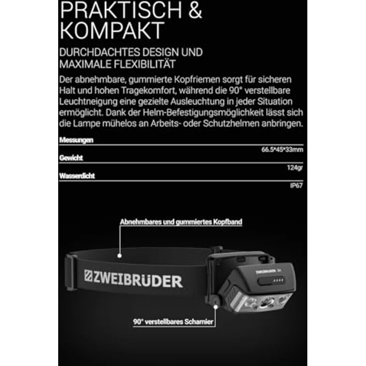 Zweibrüder LED Stirnlampe ZB3H, Focus-Function, aufladbar über USB-C, Aluminiumgehäuse, Rotlicht – Bild 7
