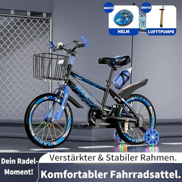 Habib Gruppe Kinderfahrrad, Komplettset mit Sicherheitshelm, LED-Stützrädern, höhenverstellbarem Lenker und stabilem Stahlrahmen – Bild 2