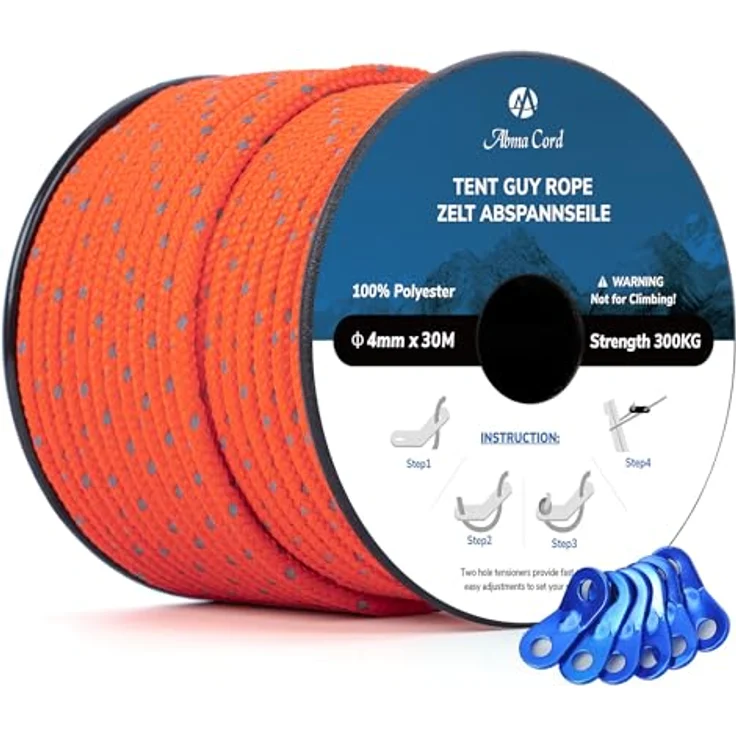 Abma Cord Abspannseile, Zeltseilset mit 6 Seilspannern, 4mm Durchmesser, 30 Meter, reflektierende Neon Orange, 300 kg Bruchlast, UV-beständig – Bild 1