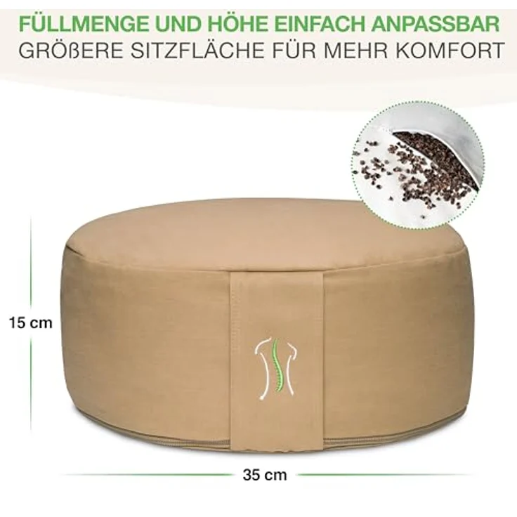 BACKLAxx® Yoga Kissen, Meditationskissen XL Ø35cm [30% mehr Sitzfläche], 15cm hoch mit Buchweizenfüllung, perfektes Meditation Zubehör, Yogakissen rund inkl. Videokurs - Pouf Sitzkissen Boden – Bild 3