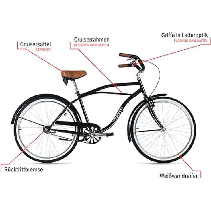 DACAPO Beachcruiser Herren 26" Beachrad, Schwarz, Singlespeed, V-Brakes, empfohlen für Körpergrößen 150-185 cm – Bild 4