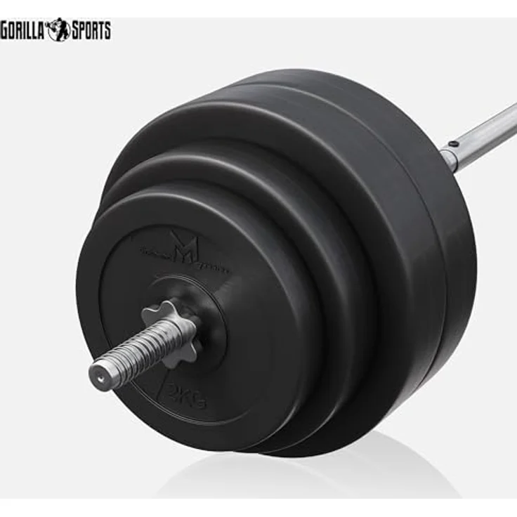 GYRONETICS® Hantelset 60kg - Langhantelstange, 2x2kg, 2x5kg, 4x10kg, Gusseisen/Kunststoff Hantelscheiben, 25mm, mit 2 Sternverschlüssen, Griff Gerändelt, Chrom - Langhantel Set, Hanteln, Gewichte – Bild 3